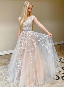 Lace Appliques Long Prom Dresses, Long Tulle Wedding Dresses PO396