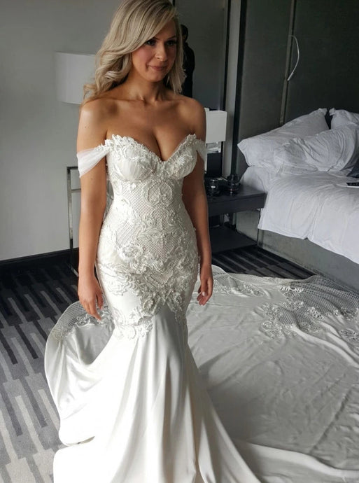 Mermaid Long Off Shoulder Backless Lace Appliques Wedding Dress with Pearls