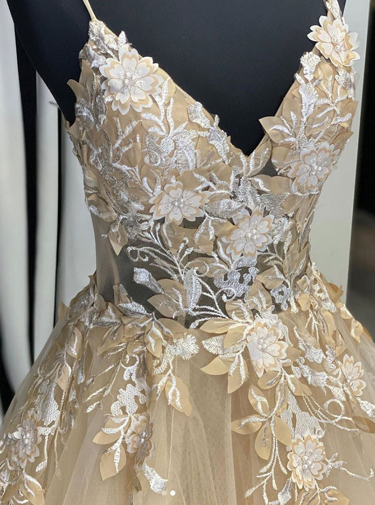 Champagne V Neck Tulle Lace Long Prom Dress Evening Dress Champagne V Neck Tulle Lace Long Prom Dress Evening Dress