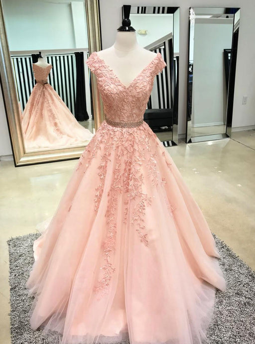 Pink V Neck Tulle Lace Applique Long Prom Dress, Pink Tulle Evening Dress