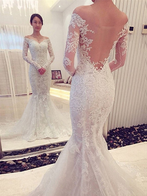 Charming Mermaid Long Sleeves Off-Shoulder Lace Trumpet Applique Wedding Dress OW116