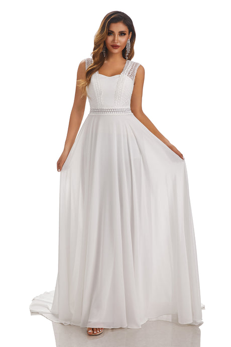 Simple A-Line Sleeveless Chiffon Wedding Dress With Lace Appliques