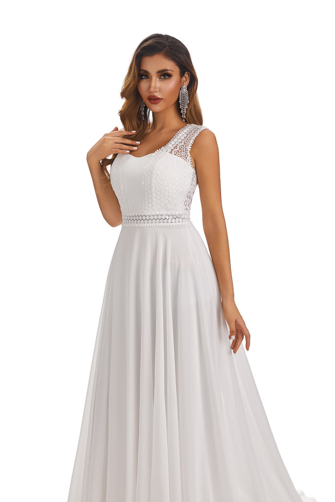 Simple A-Line Sleeveless Chiffon Wedding Dress With Lace Appliques