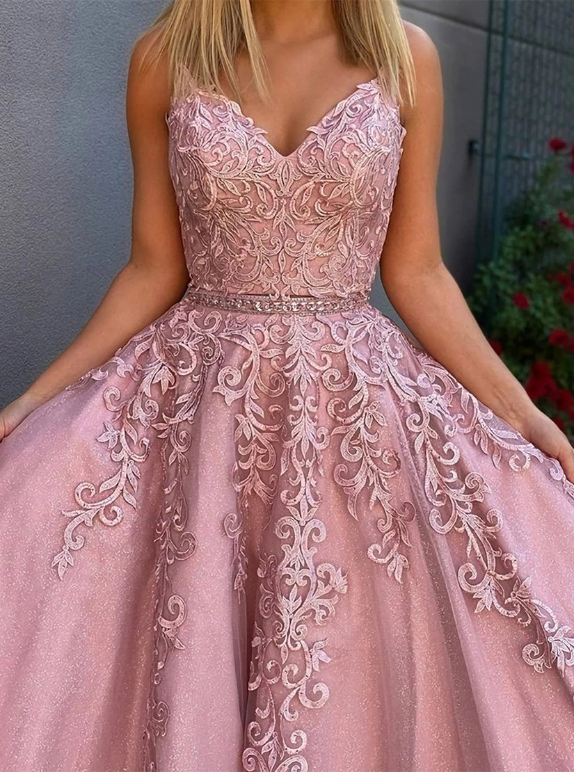 A-Line Pink Lace Two Pieces Long Prom Dress PD1104
