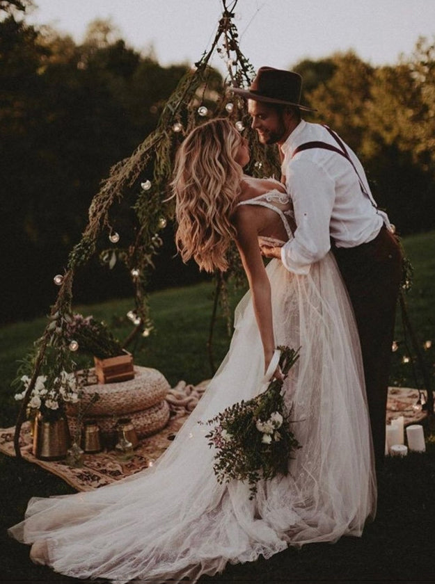 Flowy A-line V-neck Boho Wedding Dress With Appliques Beading OW610 Flowy A-line V-neck Boho Wedding Dress With Appliques Beading OW610