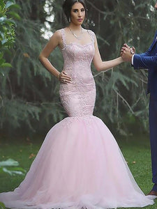 Mermaid Cheap Pink Straps Sleeveless Tulle Wedding Dress OW244