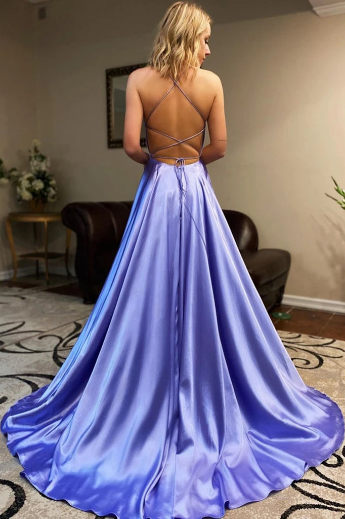 A-line Backless Long Prom Dresses Evening Dresses