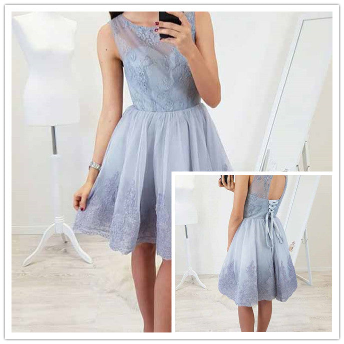 A-line Fit & Flare Open Back Short Prom Dress With Lace Appliques