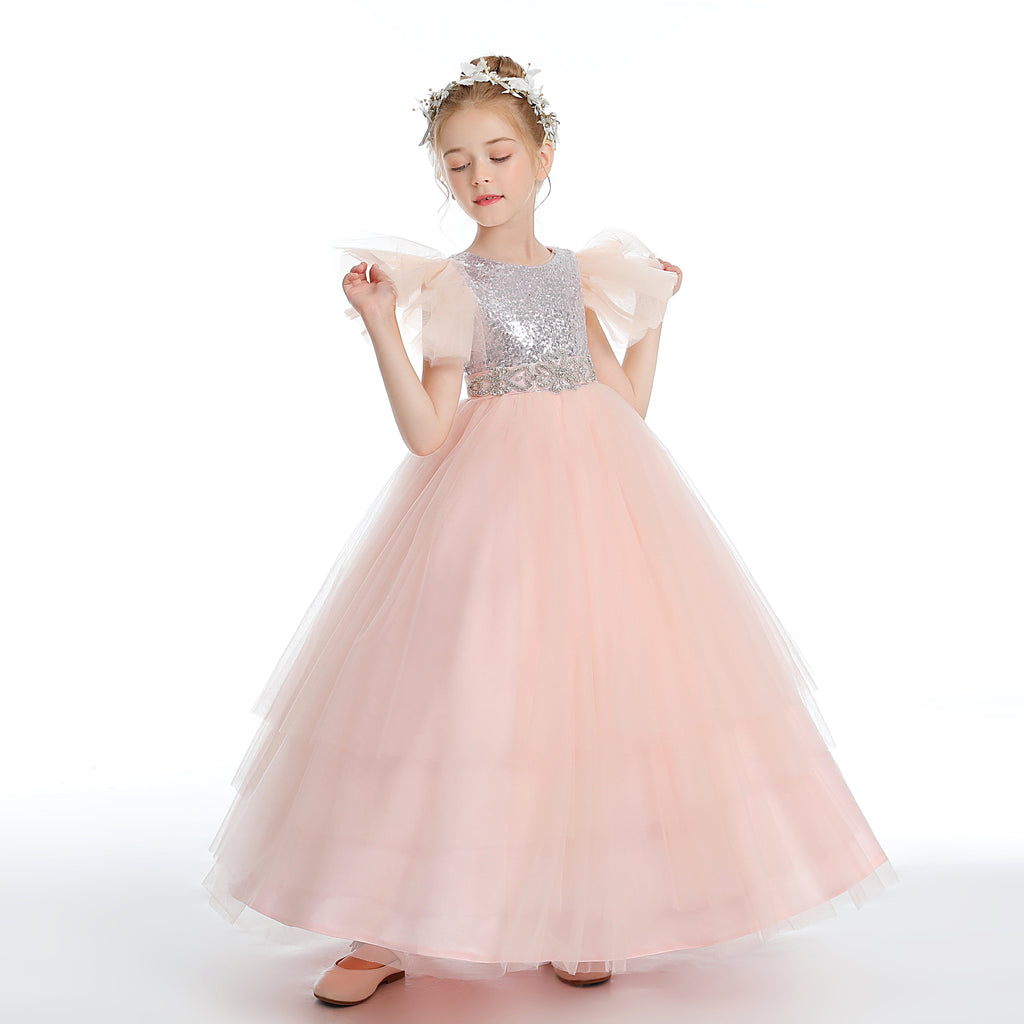 Pink Ruffles Silver Tulle Flower Girl Dress With Beading Sequins