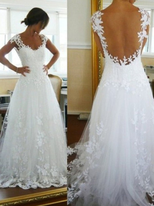 Princess A-Line V-neck Lace Sleeveless Sweep/Brush Train Tulle Illusion Back Wedding Dress OW118