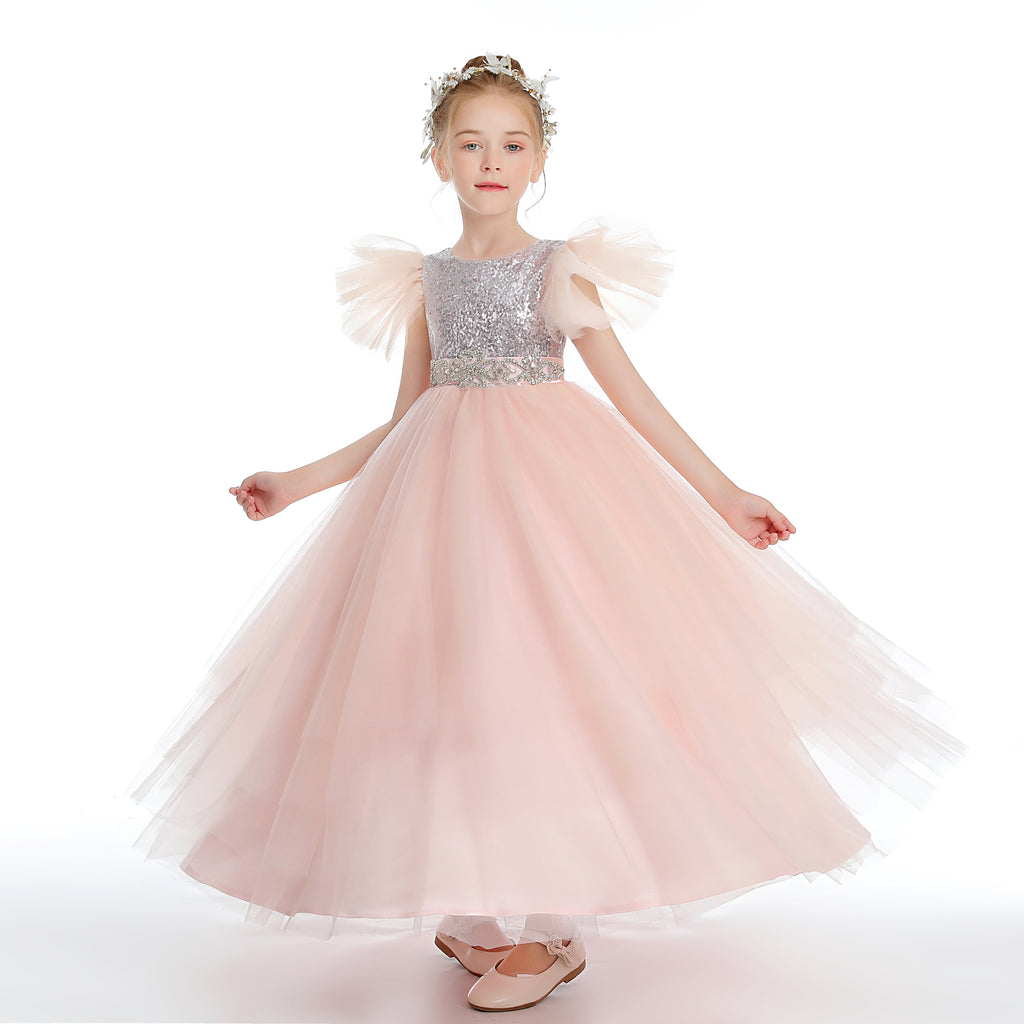 Pink Ruffles Silver Tulle Flower Girl Dress With Beading Sequins