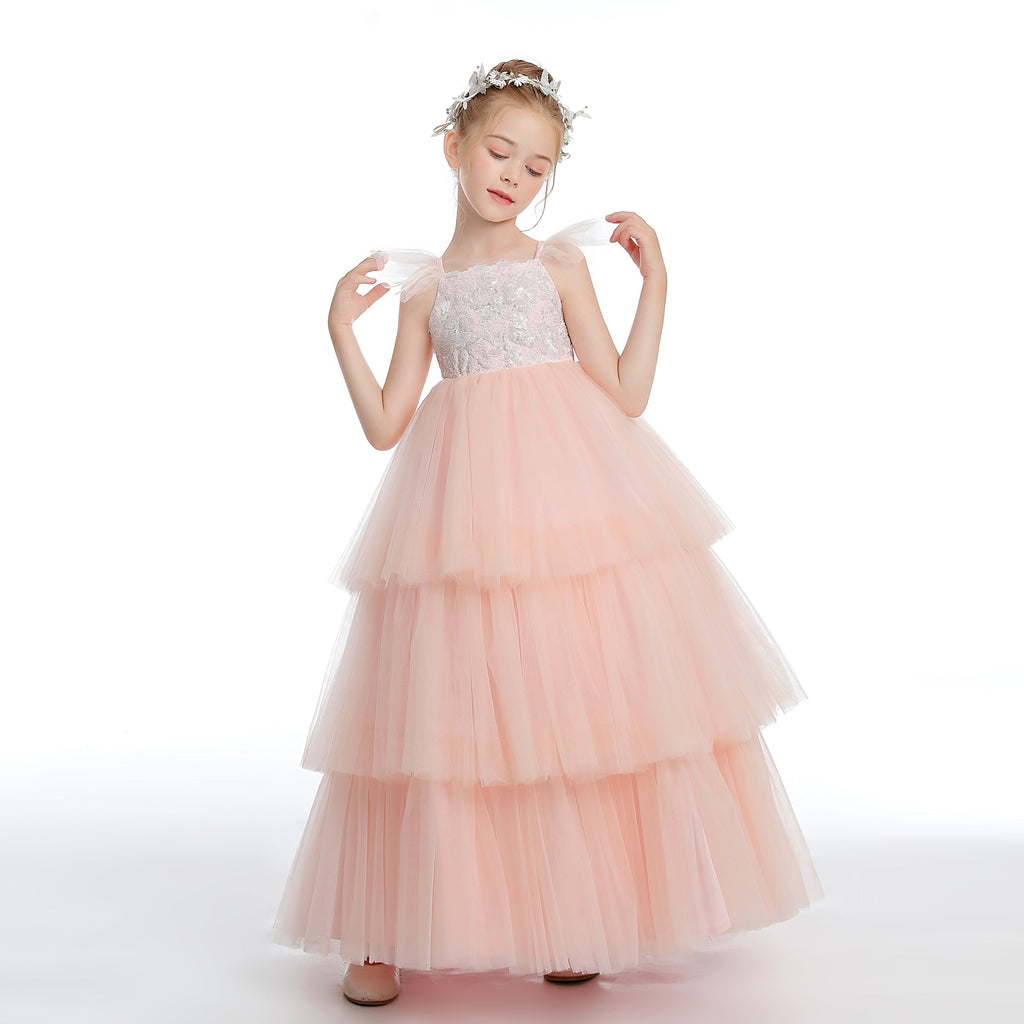 Layered Tulle Pink Ruffles Flower Girl Dress With Bowknot