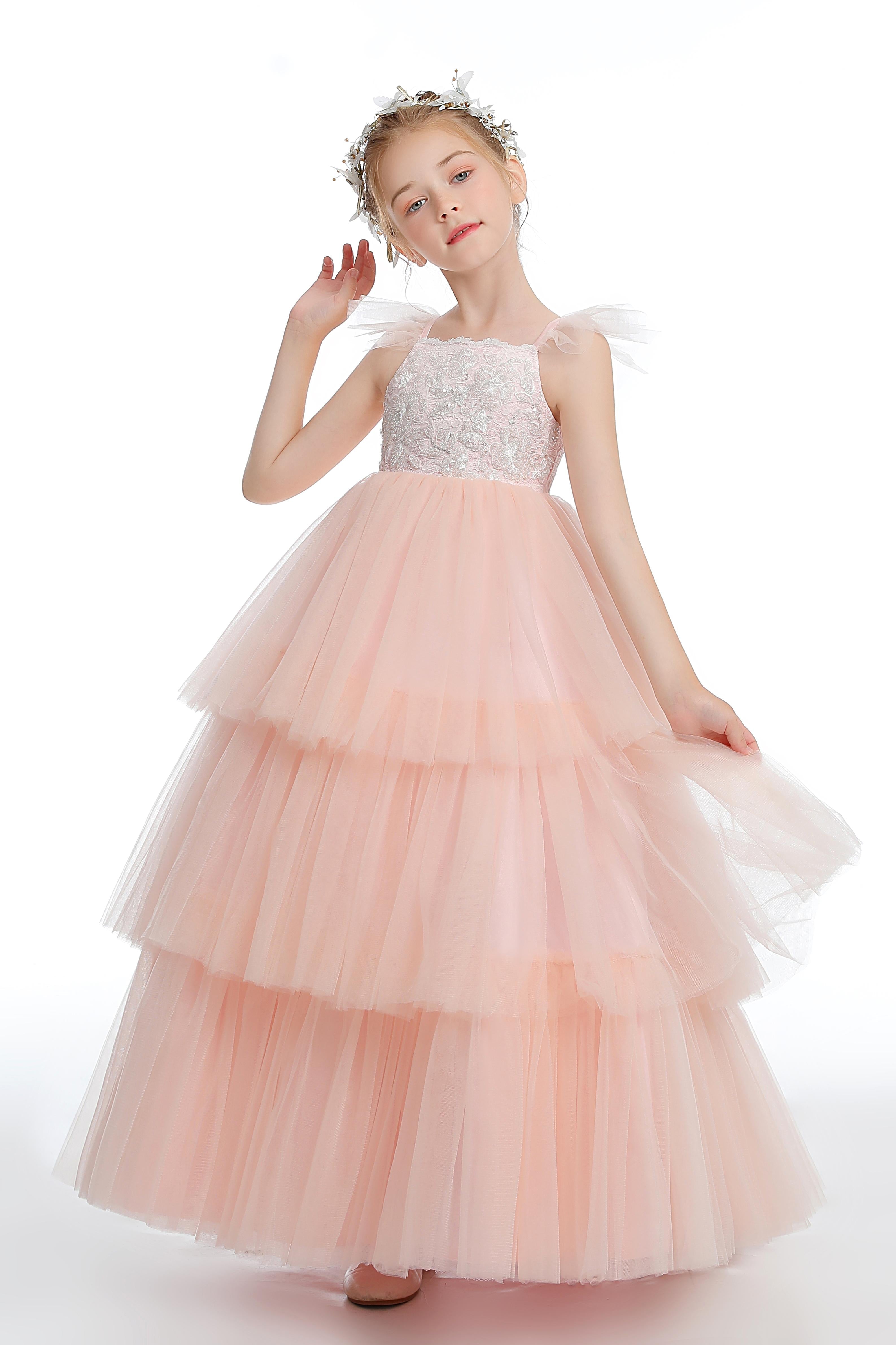 Layered Tulle Pink Ruffles Flower Girl Dress With Bowknot