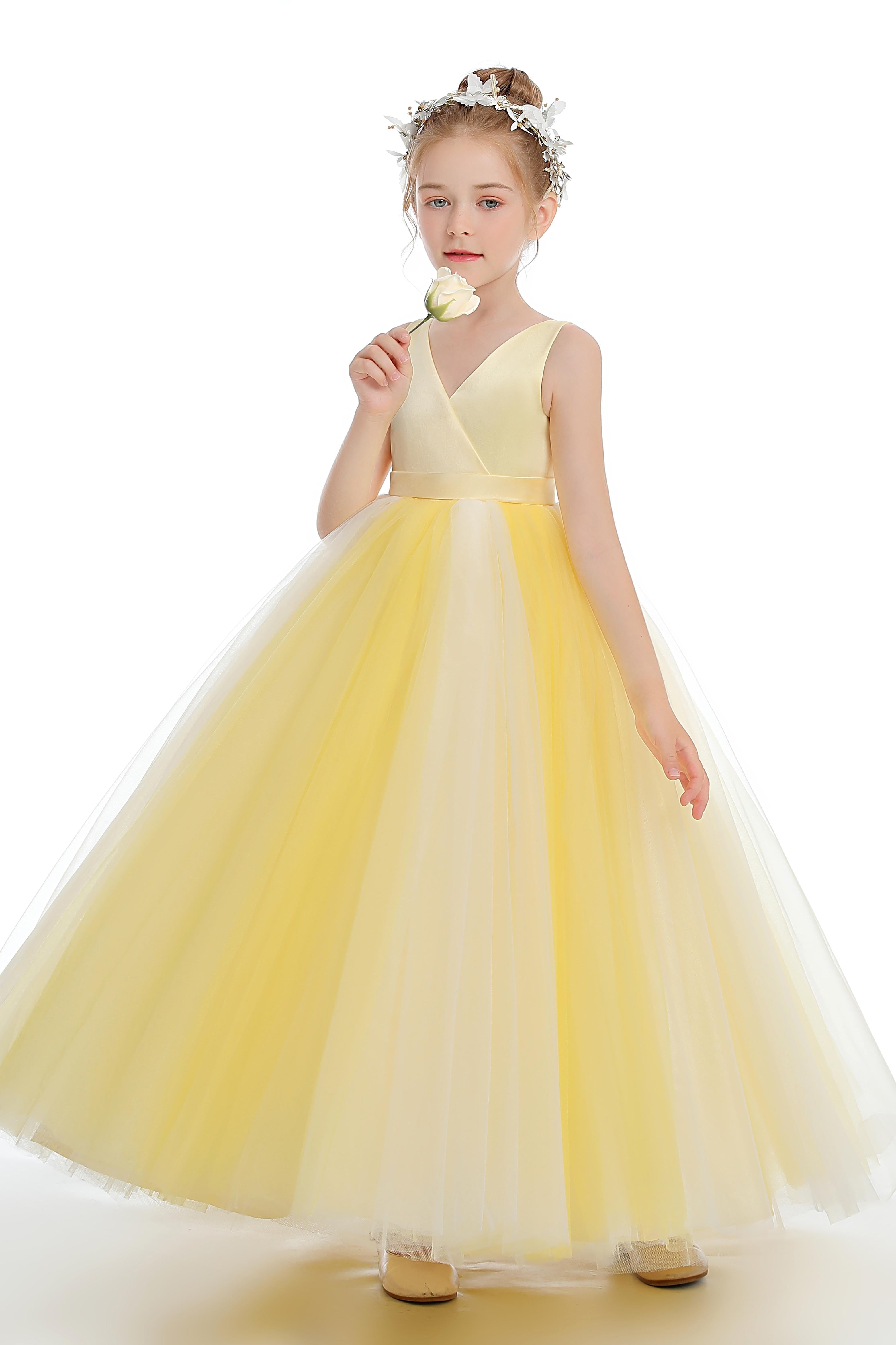 Yellow Sleeveless V Neck Tulle Flower Girl Dress