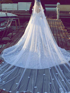 Off-Shoulder V-neck Satin Chiffon Ball Gown Chapel Train Wedding Dress OW272