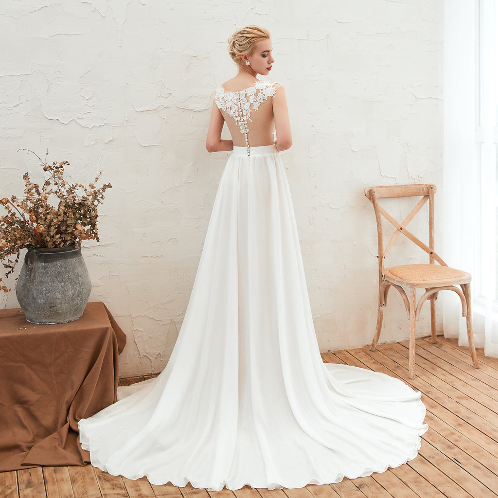 Lace Bateau Long Chiffon Side Split Wedding Dresses AS23347