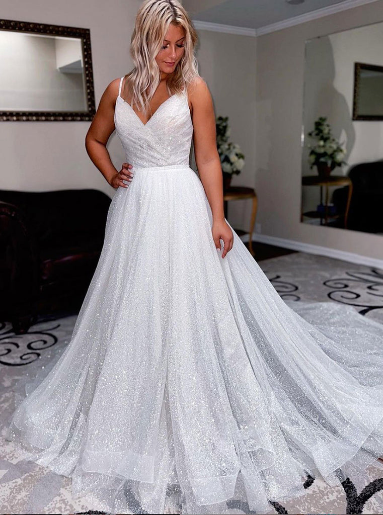 White V Neck Tulle Sequin Long Prom Dress, Sparkly Tulle Wedding Dress