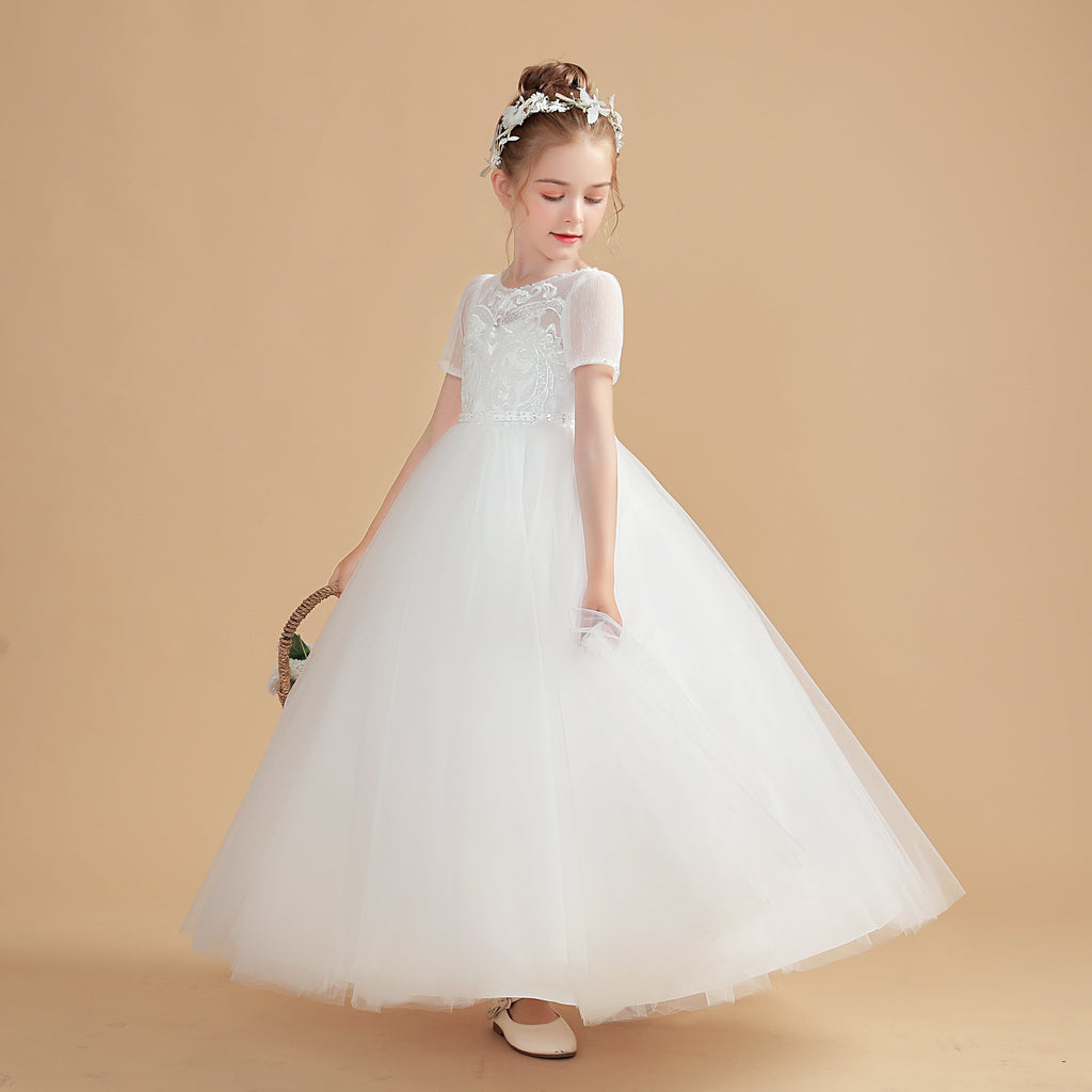 Ivory Short Sleeves Tulle Flower Girl Dresses With Lace Appliques