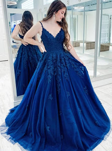 Blue Appliques Long Prom Dress Evening Dress PD1109