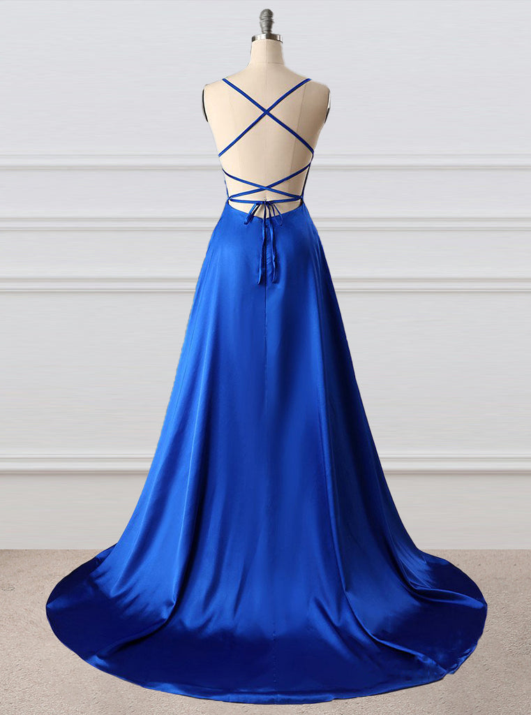 A-Line Simple Royal Blue Side Split Backless Prom Dress