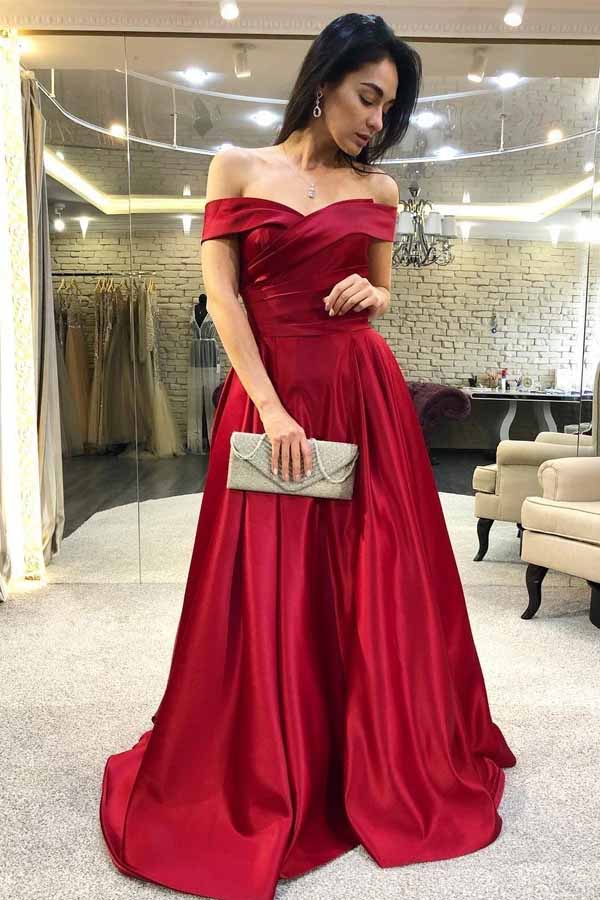 Elegant Off-the-Shoulder Burgundy Satin Prom Dress With Ruched OP737