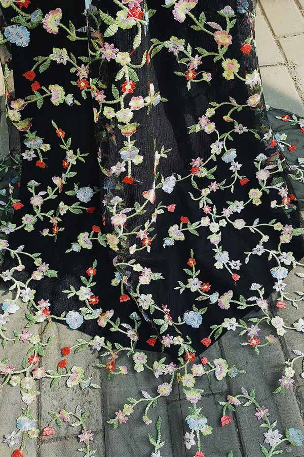 Mermaid Black Spaghetti Straps Long Prom Dress with Floral Embroidery