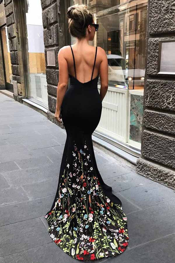 Mermaid Black Spaghetti Straps Long Prom Dress with Floral Embroidery