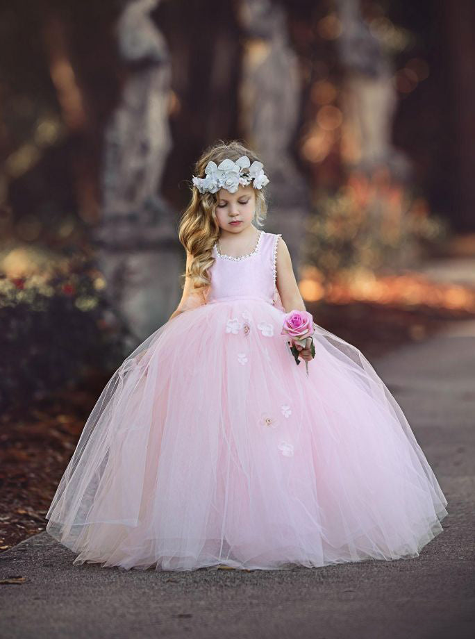 Ball Gown Blush Tulle Flower Girl Dress Dusty Rose Flower Girl