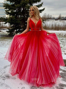 New Red Ombre A-line V-neck Long Prom Dress with Beading