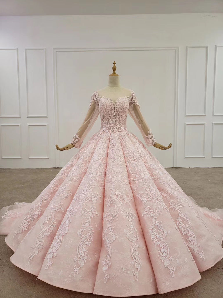 Sheer Neck Ball Gown Long Sleeves Blushing Pink Prom Dress PO325 Sheer Neck Ball Gown Long Sleeves Blushing Pink Prom Dress PO325