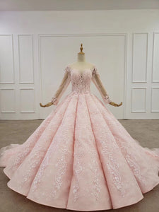 Sheer Neck Ball Gown Long Sleeves Blushing Pink Prom Dress PO325