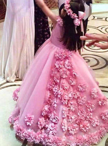 Cute Jewel Neck Ball Gown Hot Pink Flower Girls Dress With 3D Floral Appliques OF128