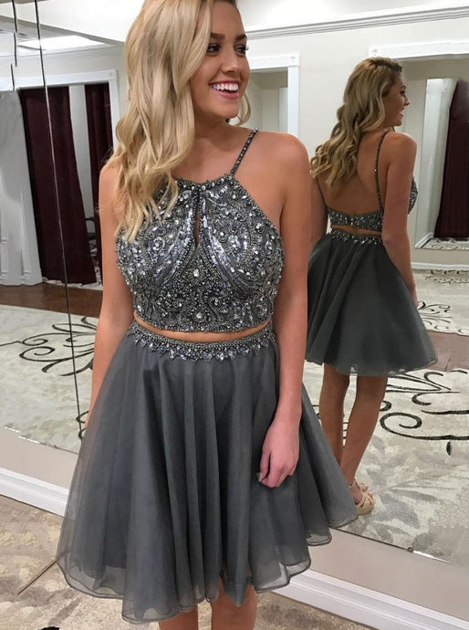 Grey Two Pieces Short Prom Dress Beads Chiffon Homecoming Dress OM315