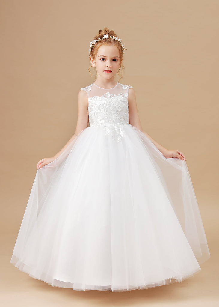 Round Neck Cute Ivory Tulle Long Flower Girl Dress With Lace