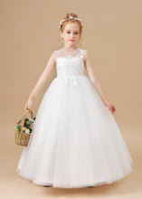 Round Neck Cute Ivory Tulle Long Flower Girl dress With Lace