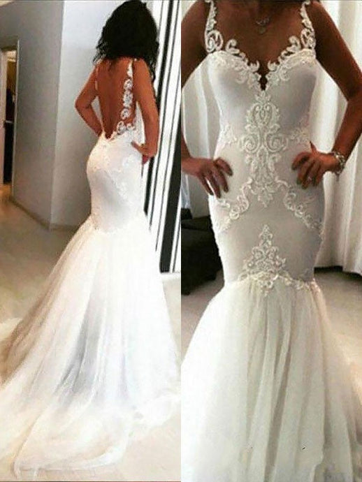 Trumpet/Mermaid Spaghetti Straps Tulle Backless Wedding Dress OW286