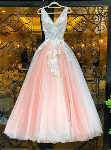 Pink V Neck Tulle Lace Long Prom Dress Pink Tulle Evening Dress