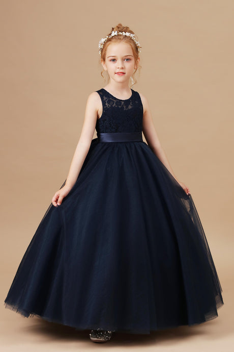Lace Tulle Black Stain-Sash Pretty Flower Girl Dresses With Bownot