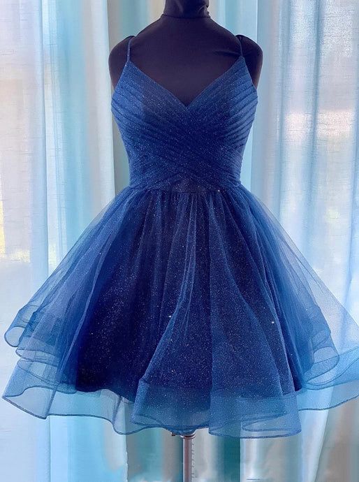 Sparkly Navy Blue Homecoming Dress, V-neck Short Prom Dress OM477