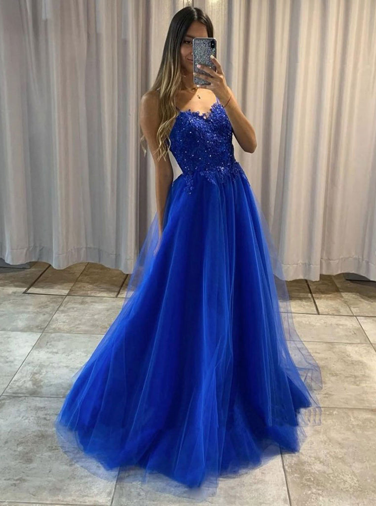 A-line Blue Spaghetti-Straps Tulle Lace Long Prom Dress Evening Dress