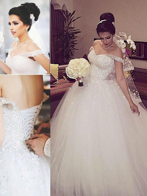 Sleeveless Beading Off-Shoulder Court Train Ball Gown Lace Up Tulle Wedding dress OW125