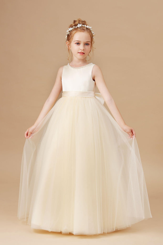 Sleeveless Satin Tulle Champagne Flower Girl Dress