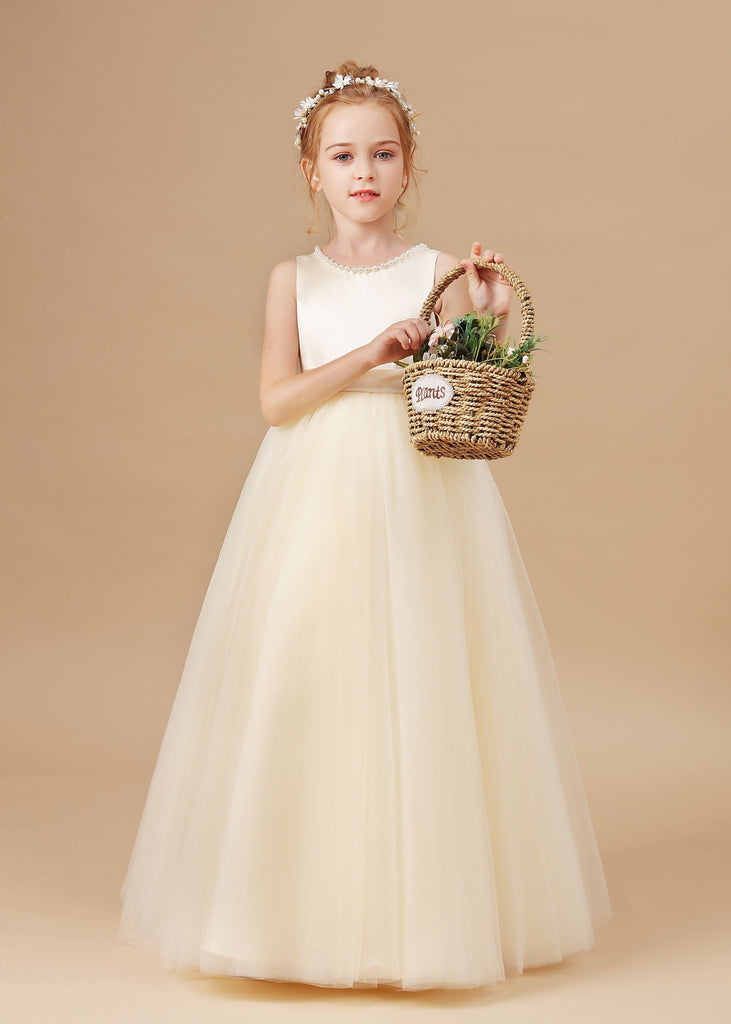 Sleeveless Satin Tulle Champagne Flower Girl Dress