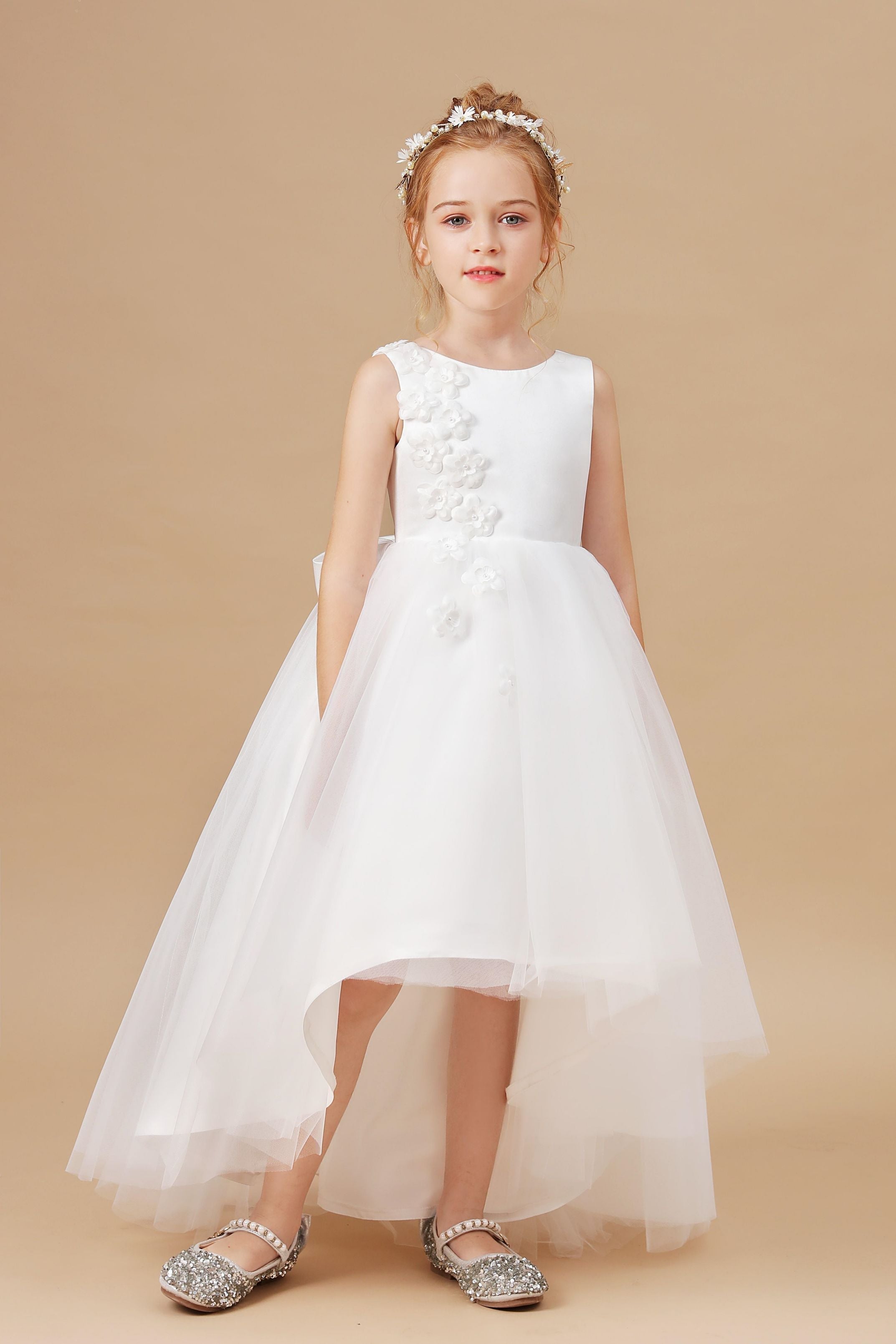 Applique Chic High Low Sleeveless Tulle Stain Flower Girl Dress With Bownet