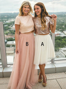 Tulle Two Piece A/B Pattern Round Neck Short Sleeves Long/Short Bridesmaid Dress OB118