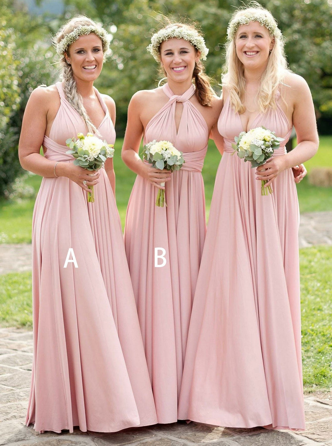 Blush Pink A B Pattern Satin Pleated Convertible Long Bridesmaid dress OB120