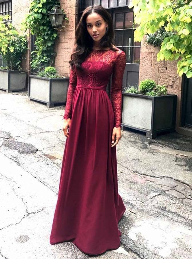 Elegant Lace Long Sleeves Round Neck Chiffon Long Bridesmaid Dress OB1 Elegant Lace Long Sleeves Round Neck Chiffon Long Bridesmaid Dress OB1
