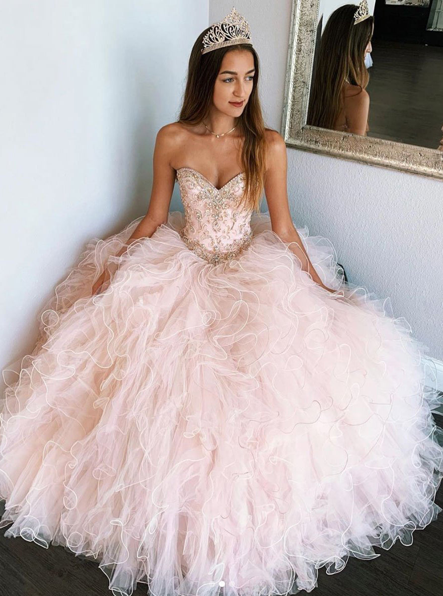 Pink Sweetheart Tulle Prom Dress, Pink Tulle Sweet 16 Dress