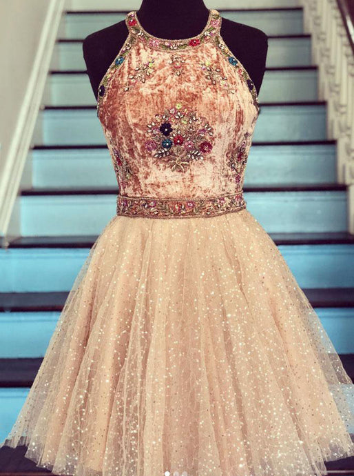Glitter Tulle Beads Short Prom Dress Scoop Embroidery Homecoming Dress OM316