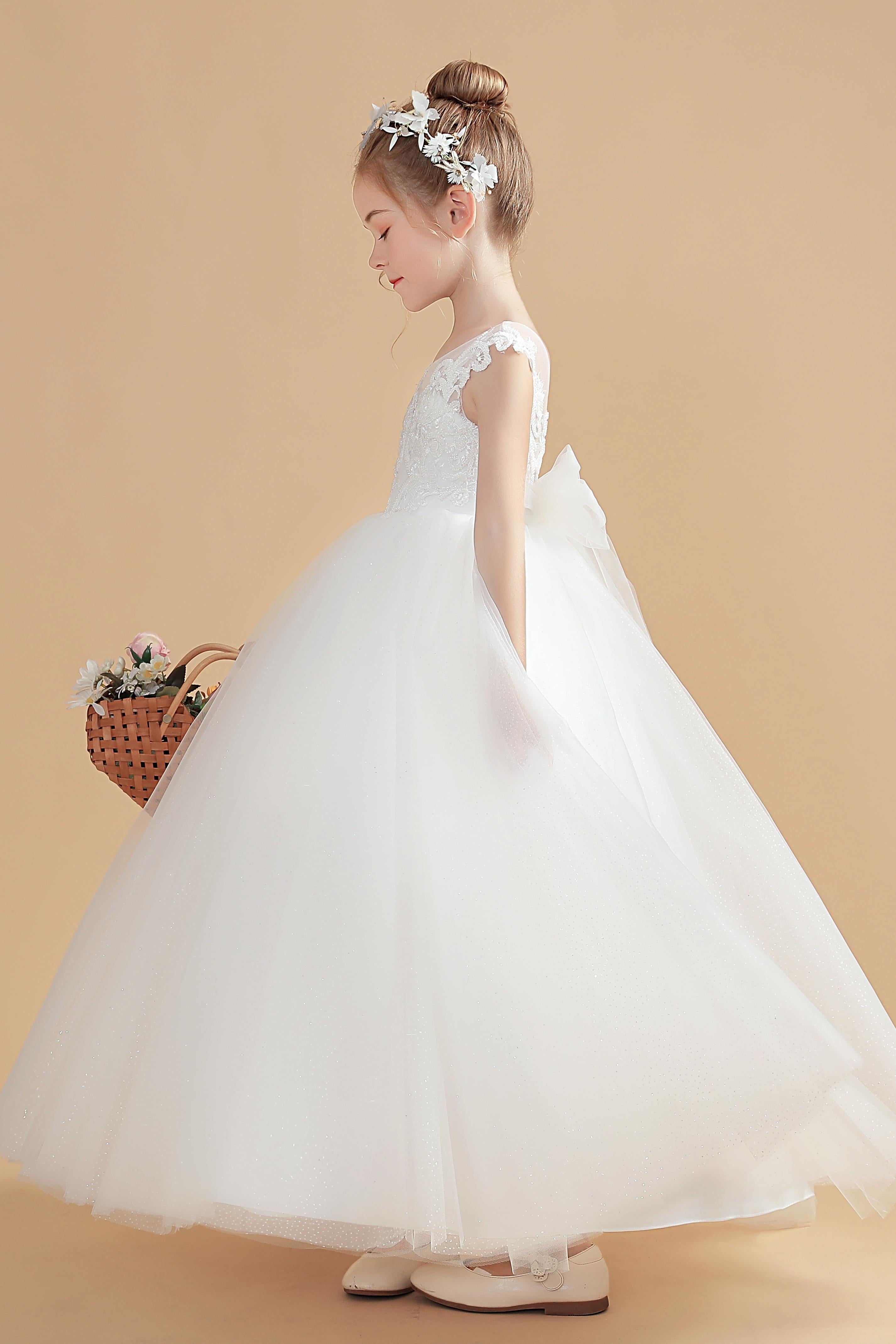 Ivory Tulle Cap Sleeves Flower Girl Dresses With Bow-Knot